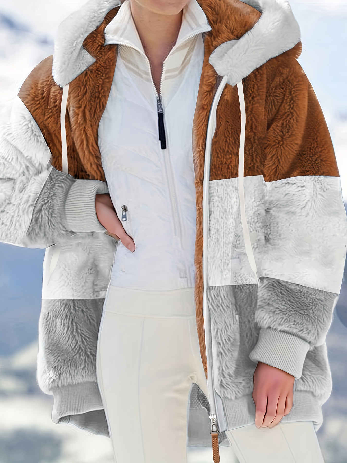 plus size colorblock fuzzy hoodie drawstring zip up coat womens plus pocket casual overcoat
