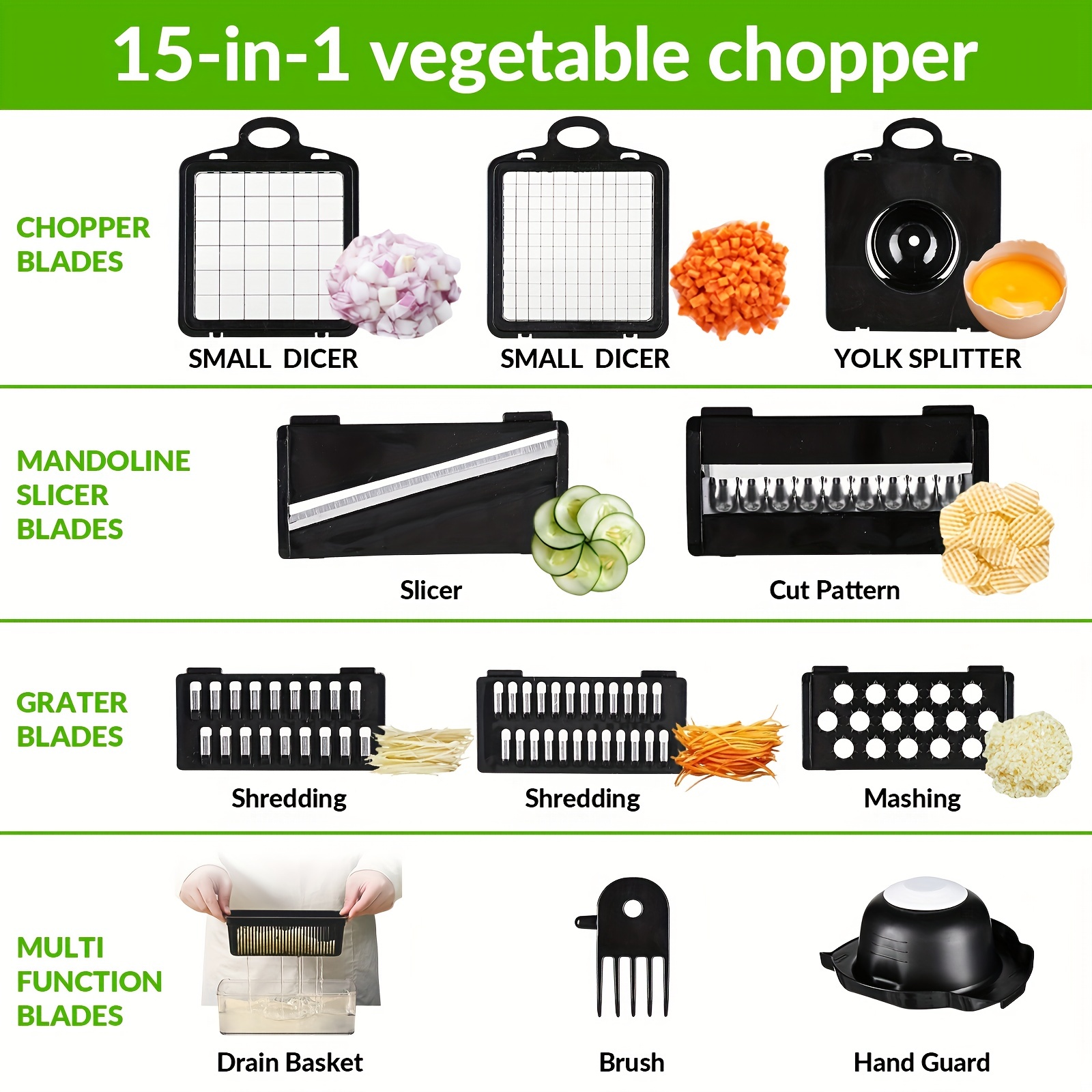 15in1, Vegetable Chopper, Multifunctional Fruit Slicer, Handle