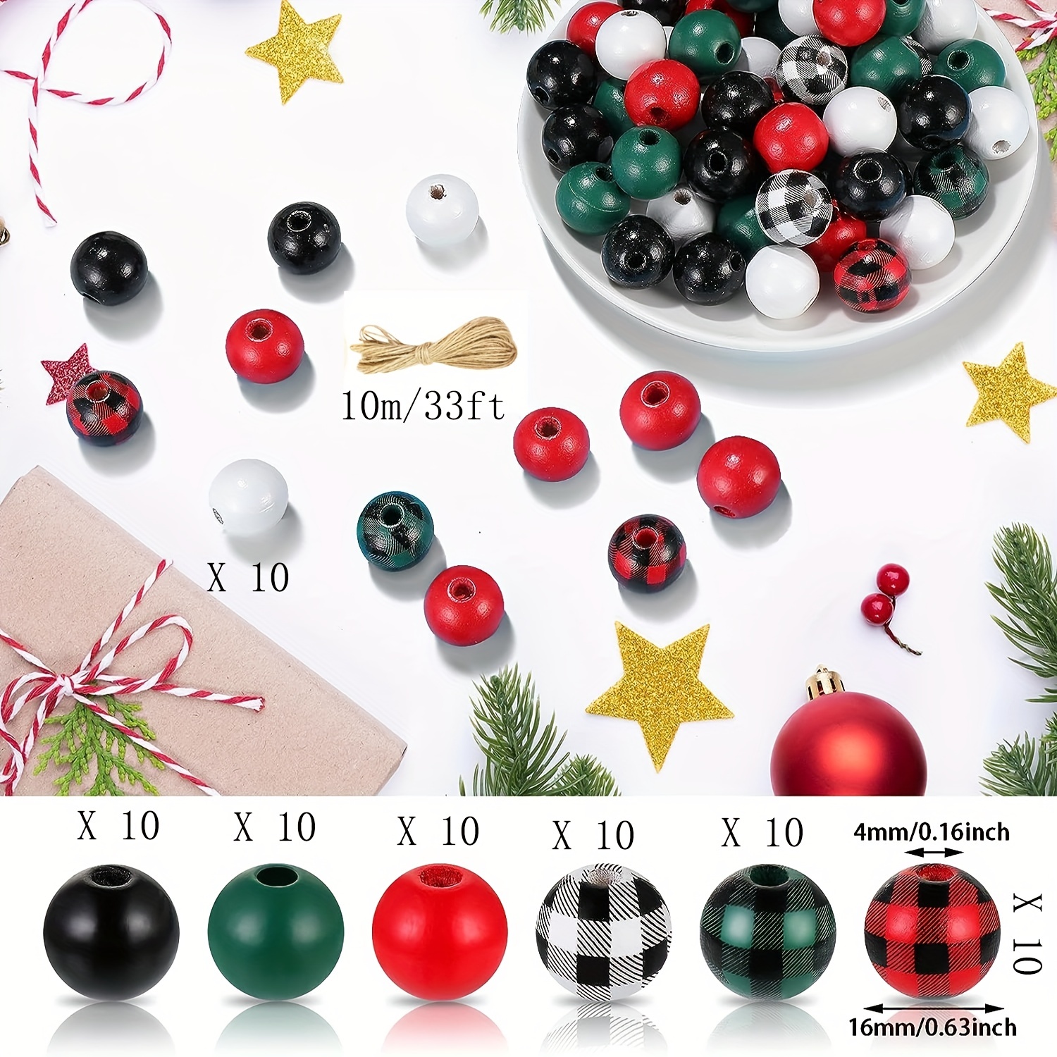 Christmas Wood Beads For Crafts Buffalo Plaid Colorful - Temu