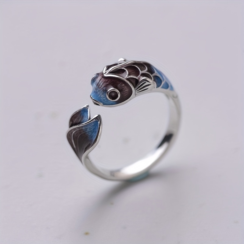 Retro Koi Enamel Colored Adjustable Ring with Lotus Design