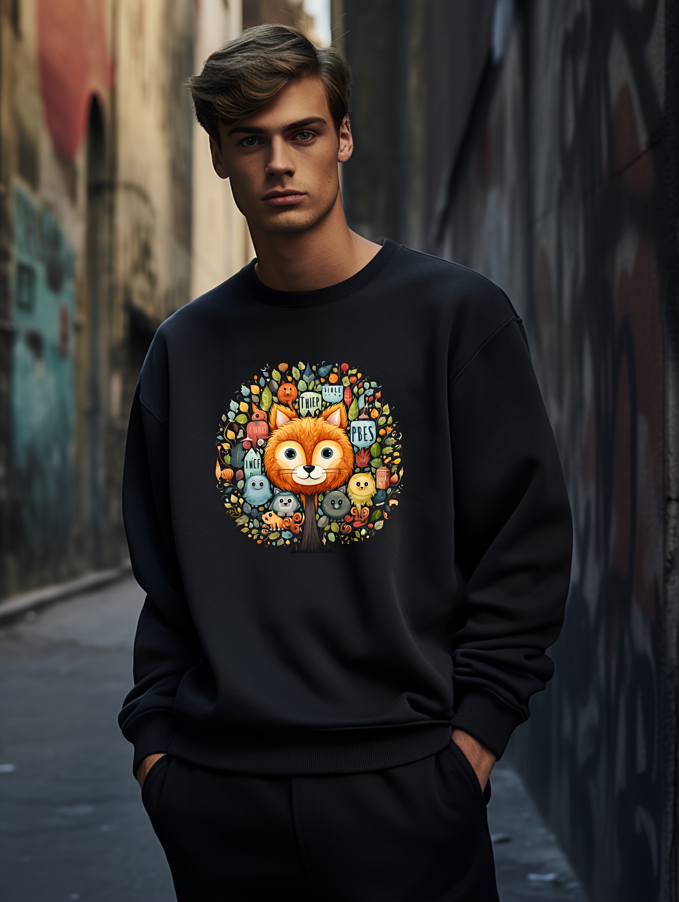 Men's Fashion Colorful Print Sweatshirt Long Sleeve Crew - Temu