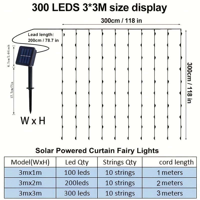 1pc Guirlande Lumineuse À Rideau Solaire Extérieure, 118.11 Pouces