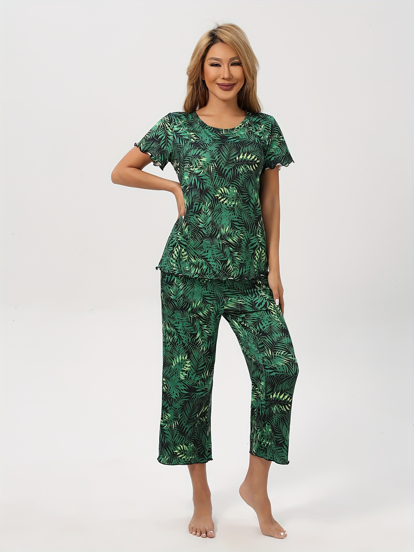 Floral Print Pajama Set Short Sleeve Crew Neck Top Lettuce - Temu