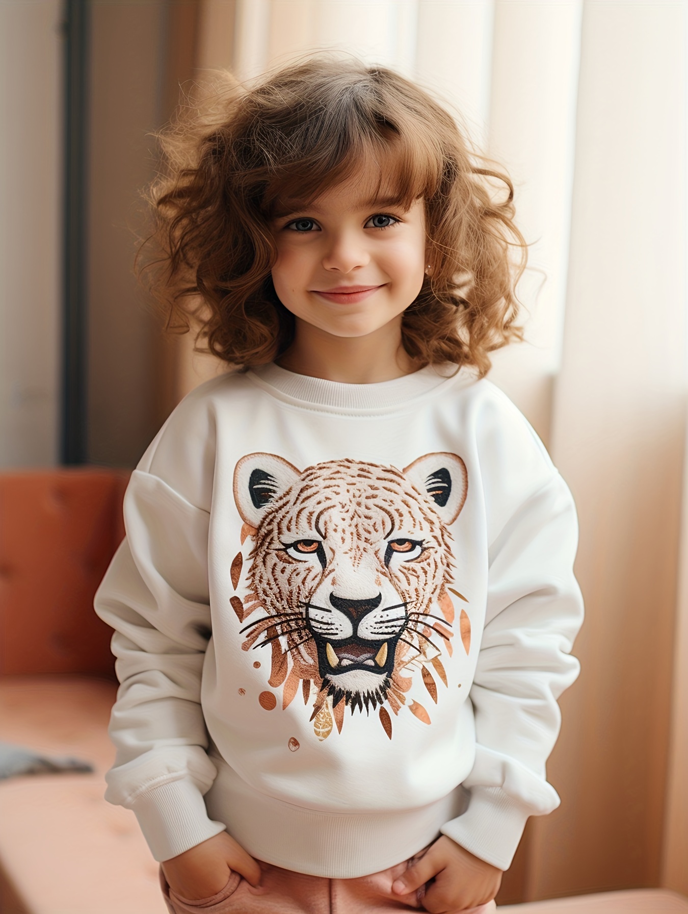 Girls Fierce Tiger Monster Print Sweatshirt Cartoon Graphic Crew