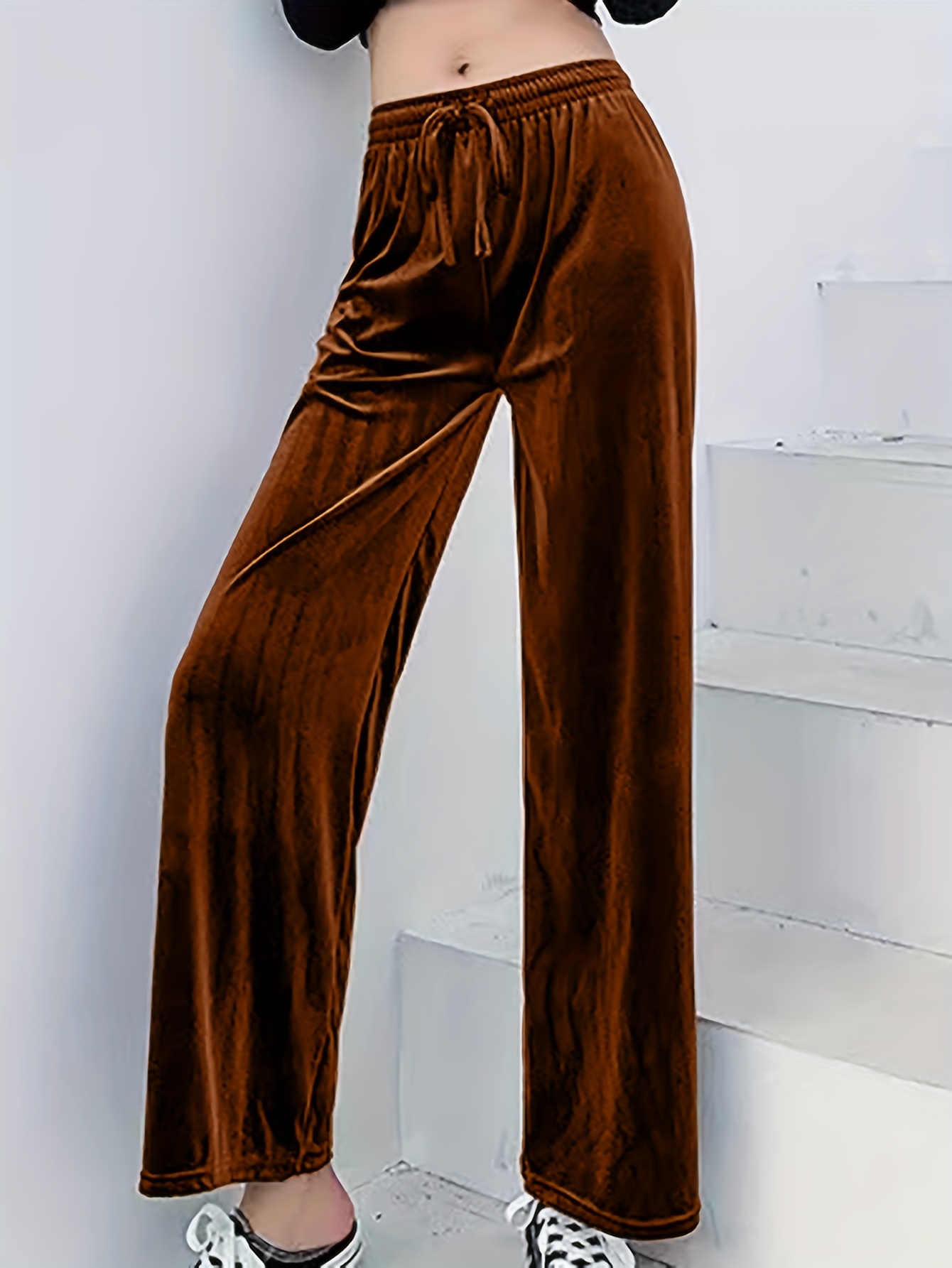 Solid Velvet Wide Leg Pants, Versatile High Waist Pants For Fall & Winter,  Women's Clothing