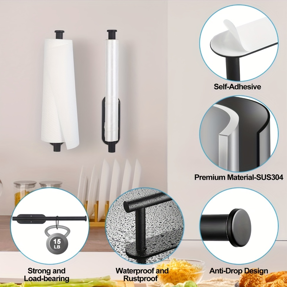 Paper Towel Holder Under Cabinet, Under Cabinet Black Paper Towel Rack,Both  Available in Adhesive and Screws,SUS304 Stainless Steel Self-Adhesive