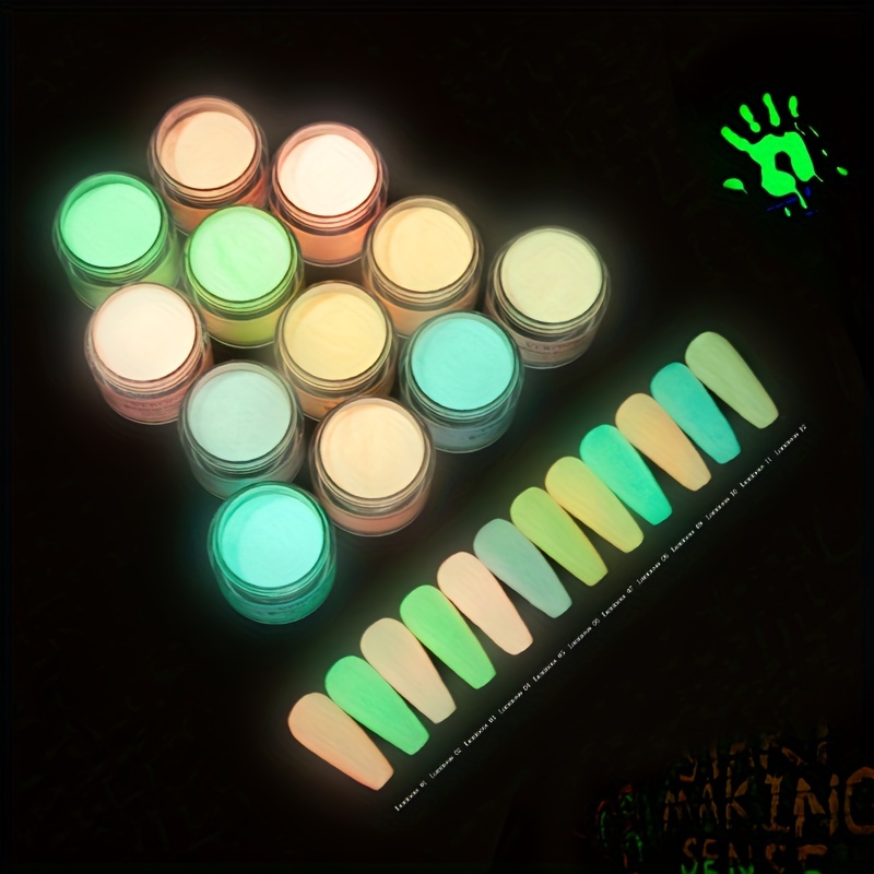 12 Jars (12Colors Nail Powder ) Colored GLOW IN THE DARK Acrylic & dipping  powder for nails Glow-In-The-Dark Acrylic Powder