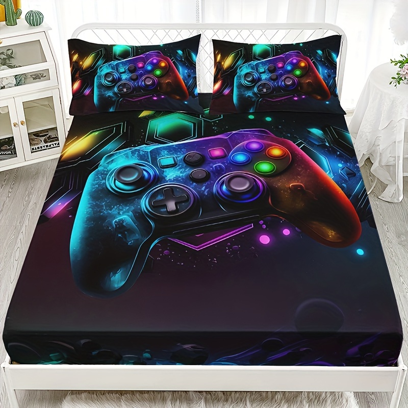 

3pcs Fashion Cool Gamepad Print Fitted Sheet Set, Soft Comfortable Breathable Bedding Mattress Protector Set, For Bedroom, Guest Room (1* Fitted Sheet + 2*pillowcases, Without Core)