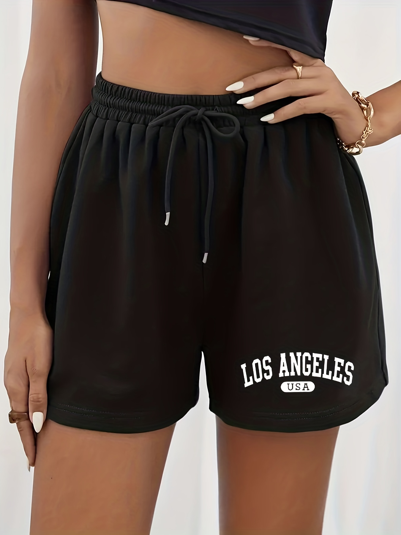 Letter Print Drawstring Shorts Summer High Waist Sporty - Temu Canada