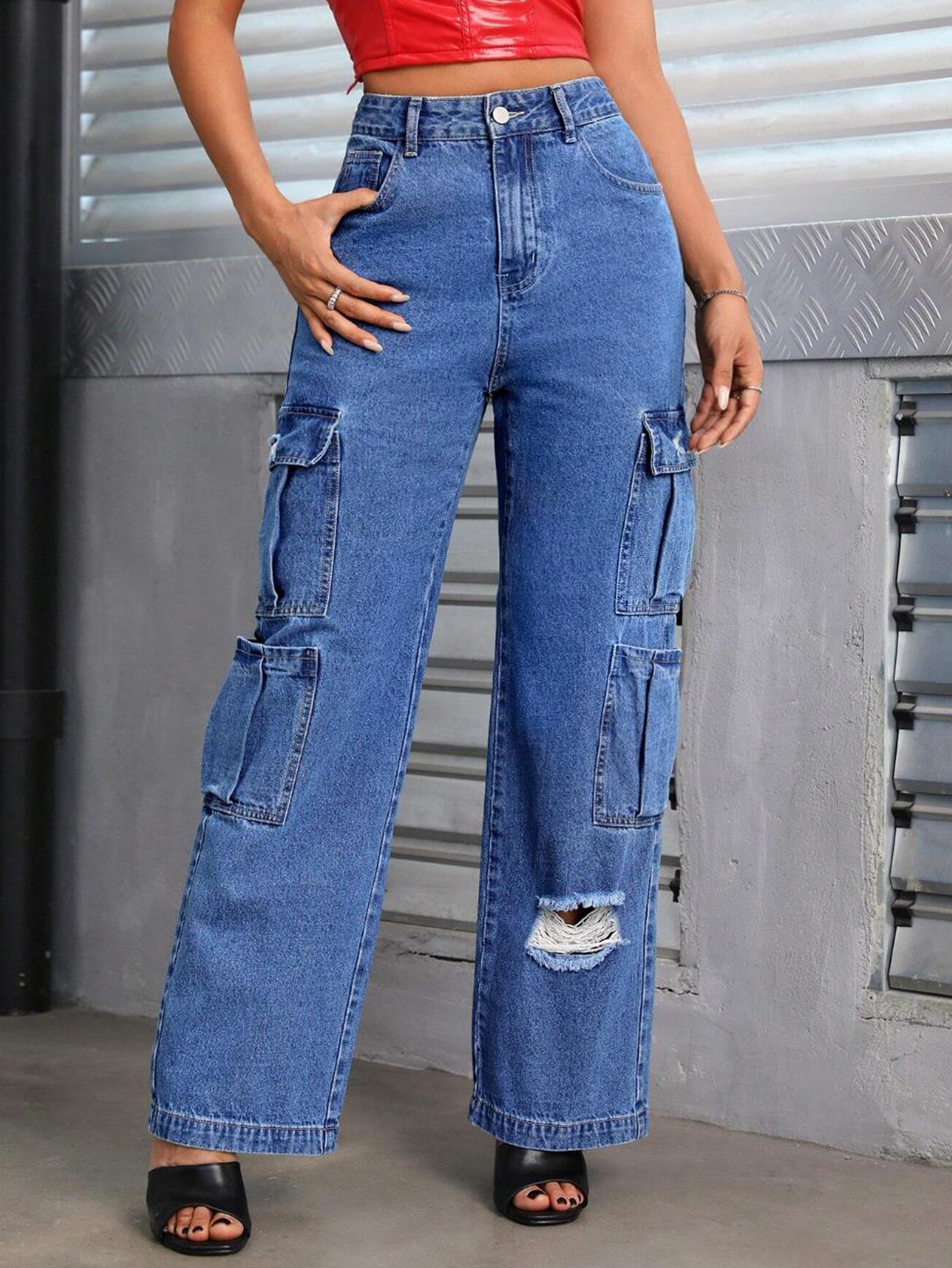 * Flap Pockets Cargo Pants, Ripped Holes Loose Fit Distressed Wide Legs  Jeans, Y2K & Kpop Women's Denim Jeans & Clothing