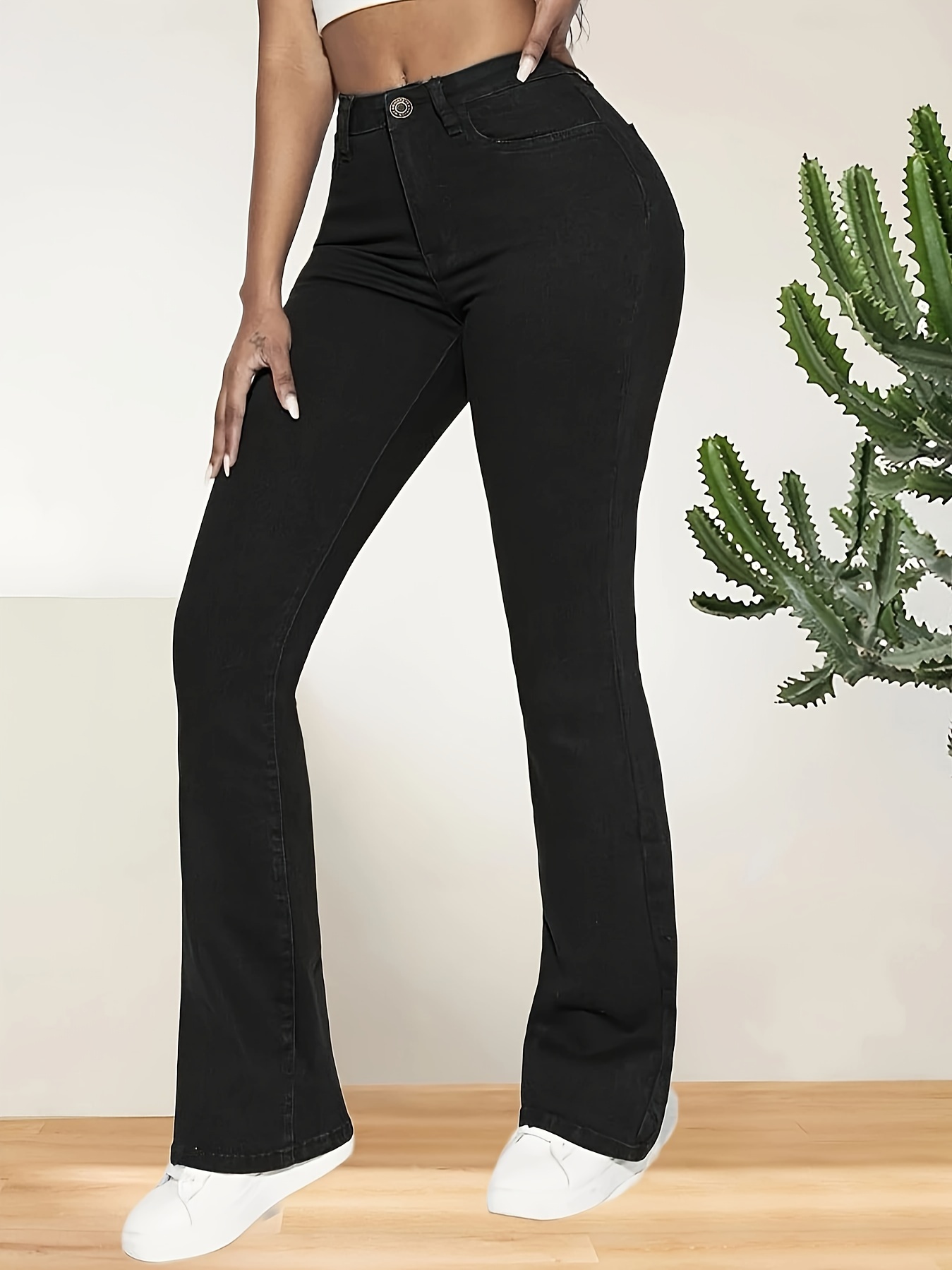 Women's Basic Jeans, Plus Size Plain Black Medium Stretch High Waisted  Flare Leg Denim Pants