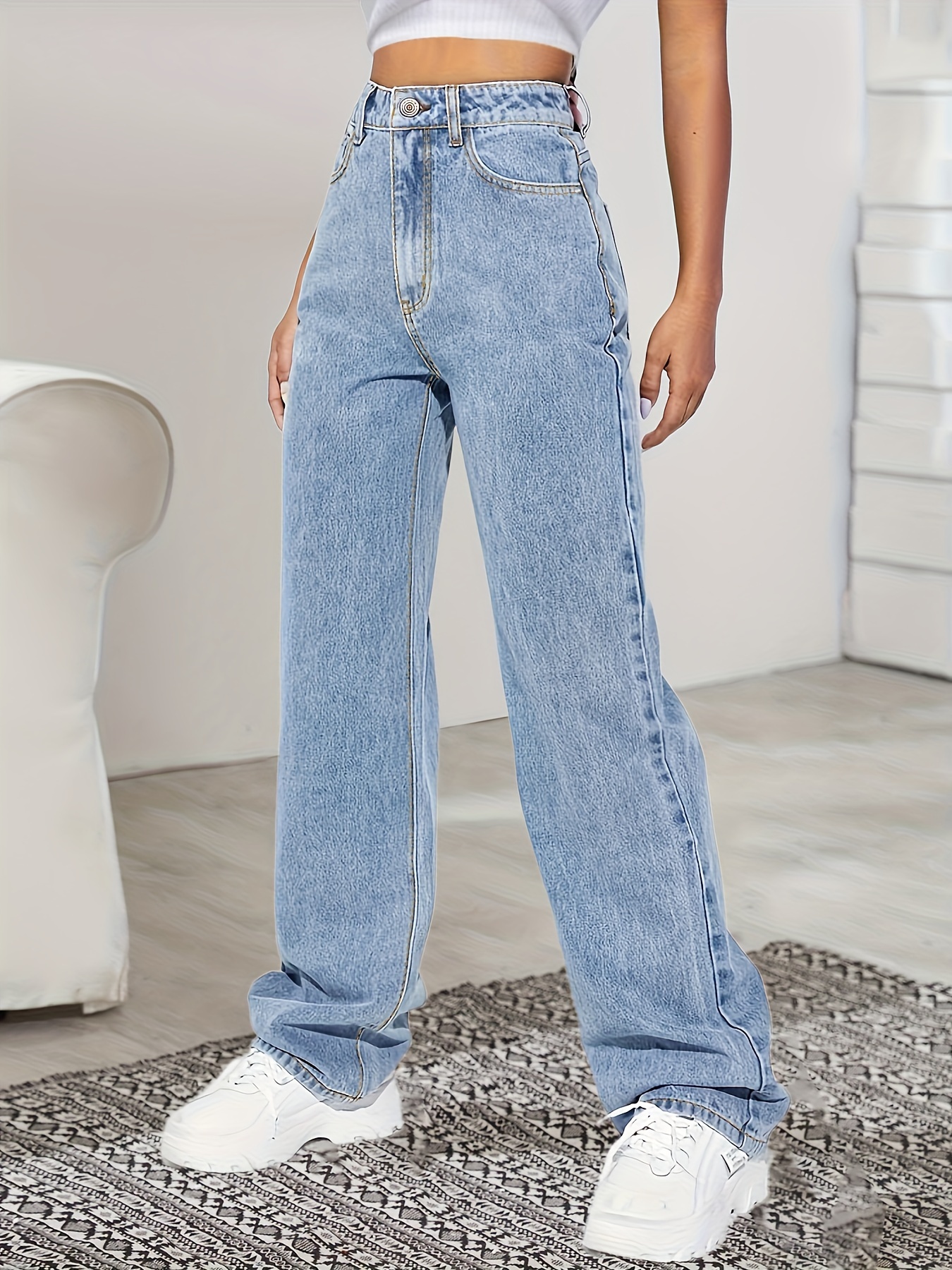 High * Light Wash Blue Mom Jeans, Zipper Button Closure Slash Pocket Solid  Color Casual Denim Pants, Women's Denim Jeans & Clothing