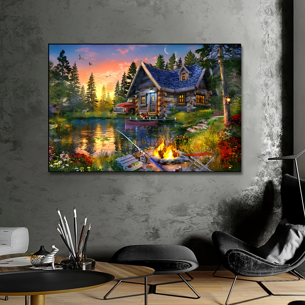 1pc Forest Cabin, Fishing, Canvas Painting, Painting Posters And Prints,  Wall Art Pictures, Living Room And Bedroom Decoration, Holiday Gifts,  Framele