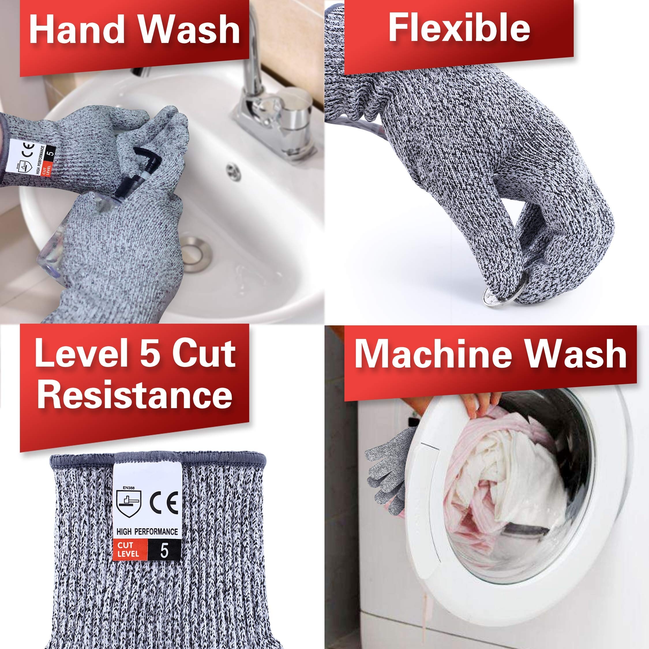 4 guantes resistentes a cortes (M+L) de protección de nivel 5 para cocina,  guantes de seguridad anticortes mejorados para corte de carne, tallado de