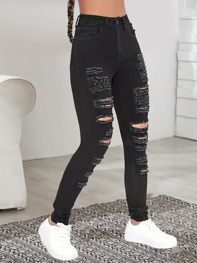 Women's Black Ripped Skinny Jeans Ripped Holes Skinny Jeans - Temu Canada