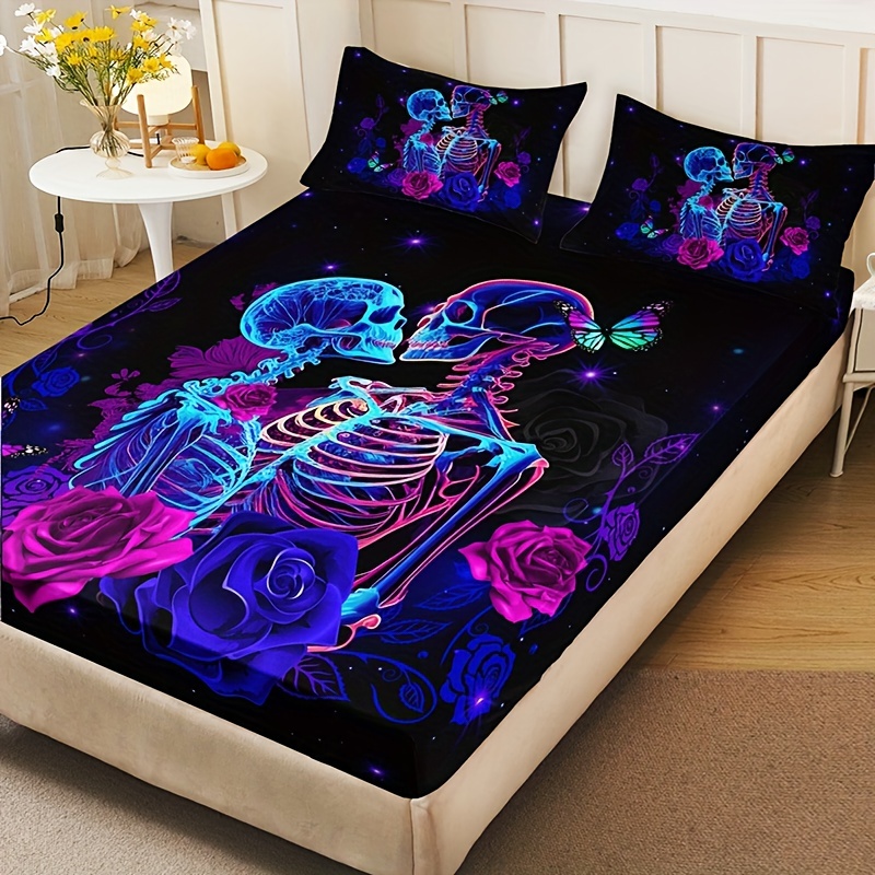 3pcs fashion romantic fitted sheet set soft comfortable breathable color floral skull couple print bedding mattress protector set for bedroom   1 fitted sheet 2 pillowcases without core for halloween Product details 1