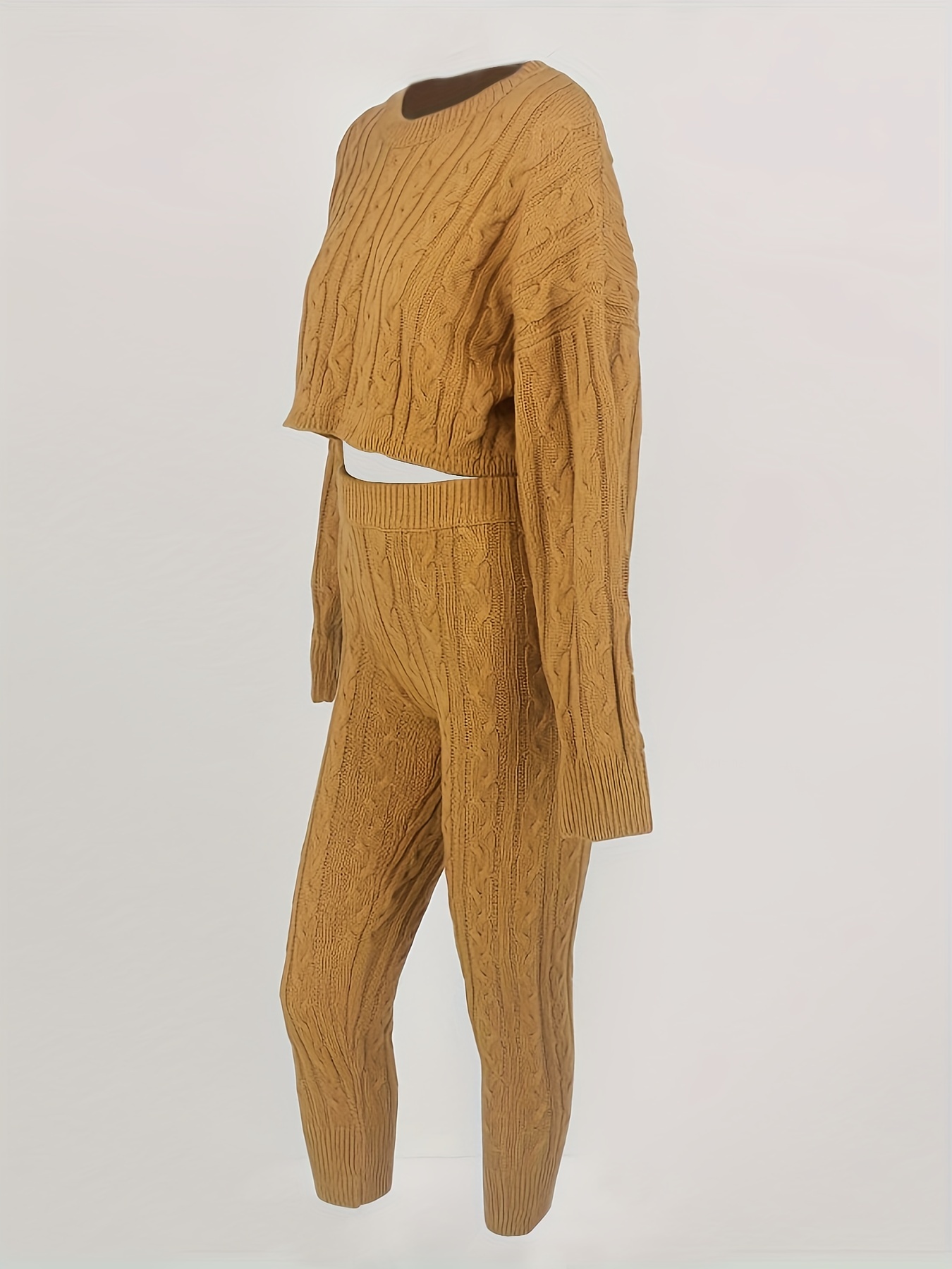 solid cable knit two piece set crew neck long sleeve Temu United