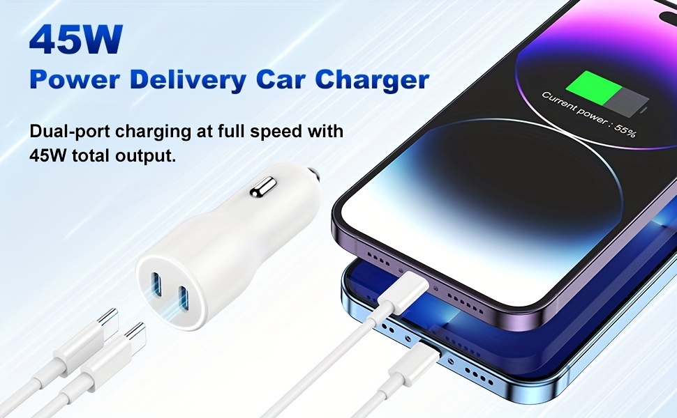 Chargeur rapide pour voiture USB-C 2 ports 45W avec Power Delivery