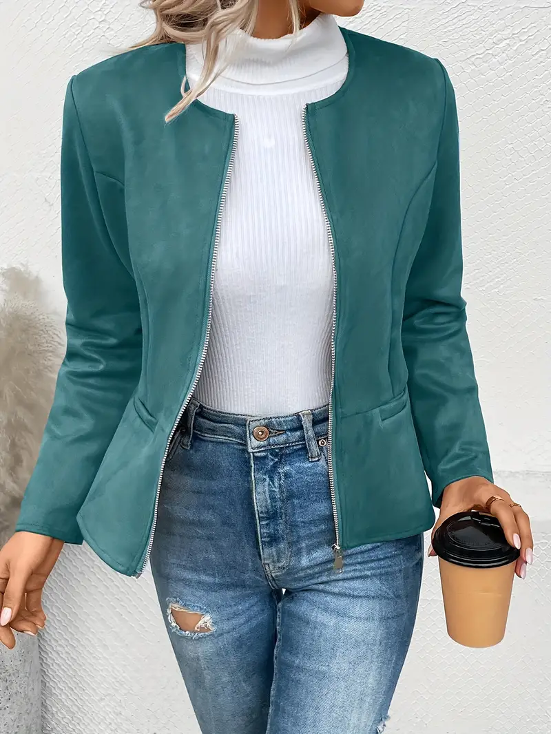 plus size elegant jacket womens plus solid long sleeve zip up round neck jacket details 7