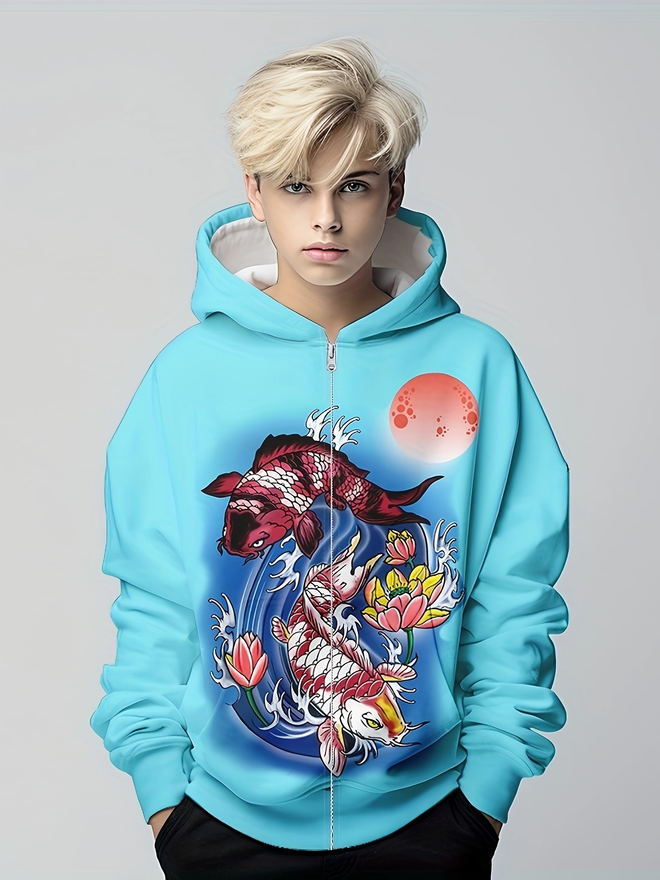 Fishes & Lake Pattern Hooded Jacket for Kids, Zipper Hoodie for Outdoor, Boy's Novelty Clothes for Spring Fall,Sky Blue,$11.39,140,Temu