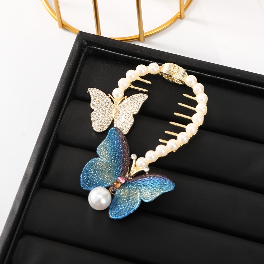 Pearl Rhinestone Embroidered Butterfly Ball Hair Clip - Temu