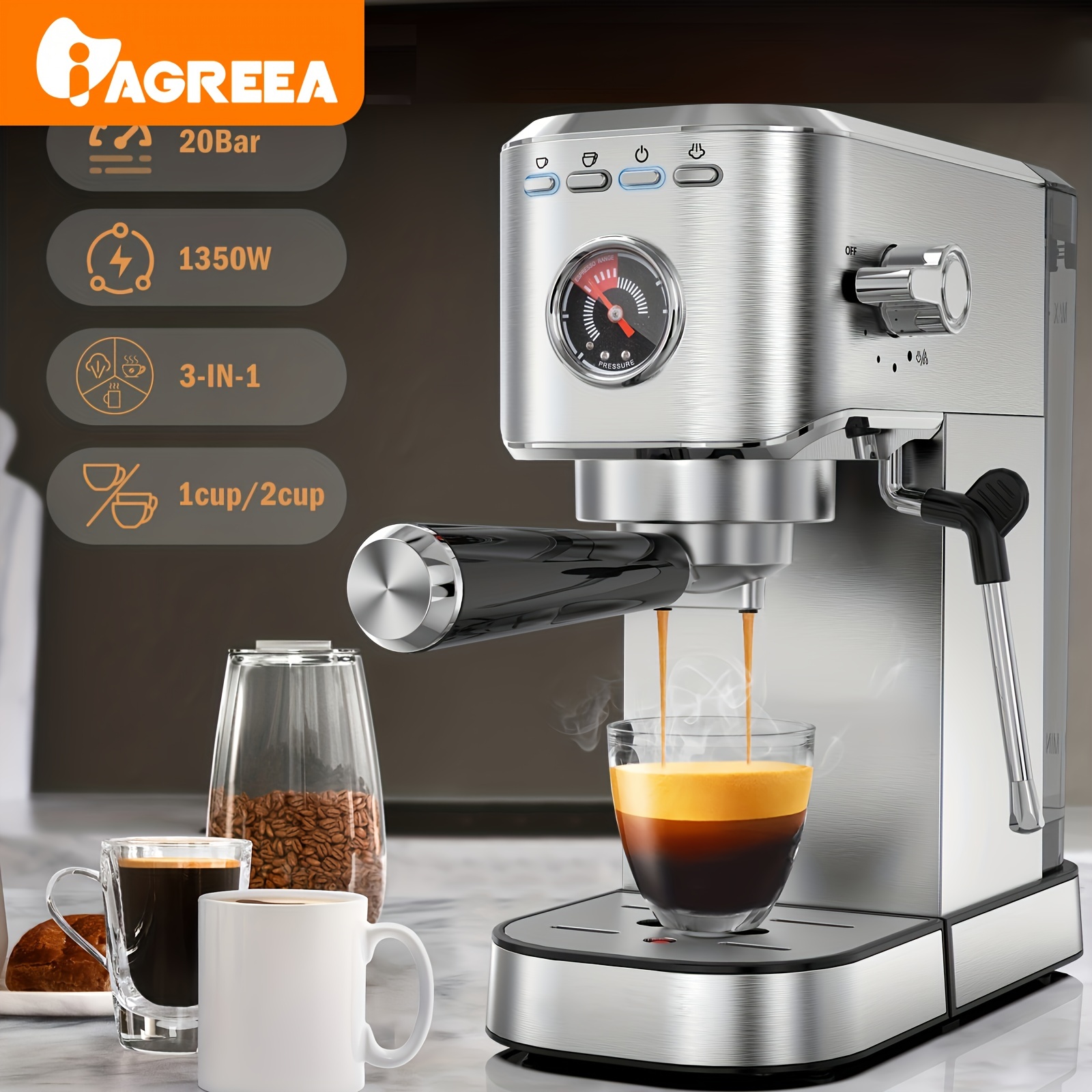 20 Bar Espresso Machine, 1350W Compact Espresso Cofee Machine for Home