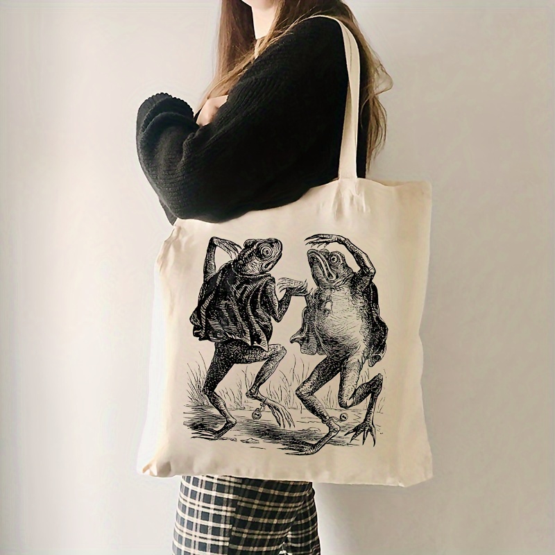 

Dancing Frog 90s Retro Pattern Tote Bag, Simple Canvas Shoulder Bag, Portable Grocery Shopping Bag