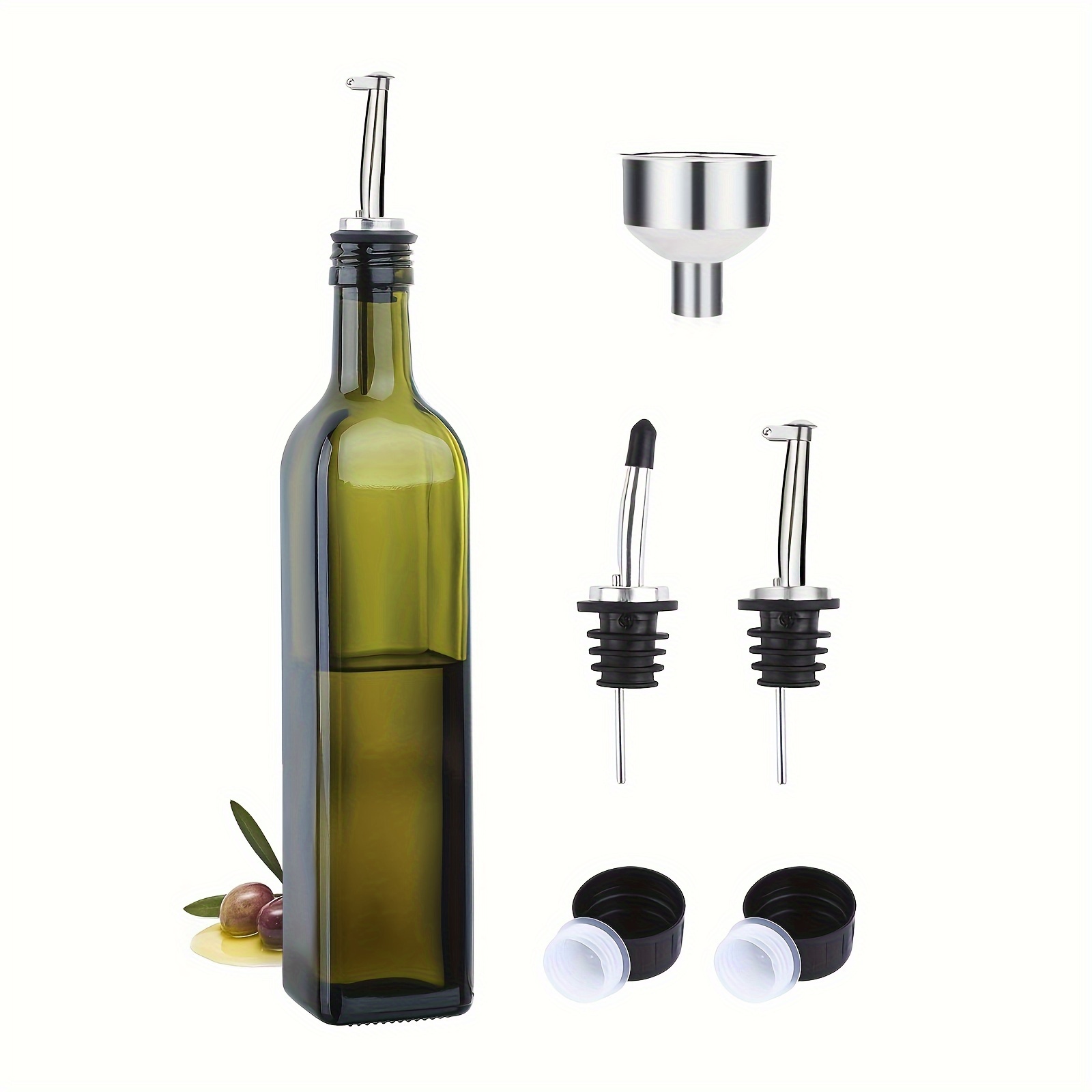 

1pc 17oz Glass Olive Oil Dispenser, 500ml Green Oil And Vinegar Bottle With Pourer And Funnel, Olive Oil Glass Bottle Strainer Kitchen