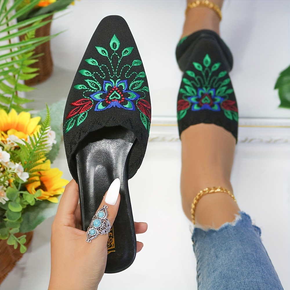 Women Pointy Toe Embroidery Slippers Slides Floral Flats Casual Mules Shoes  Size