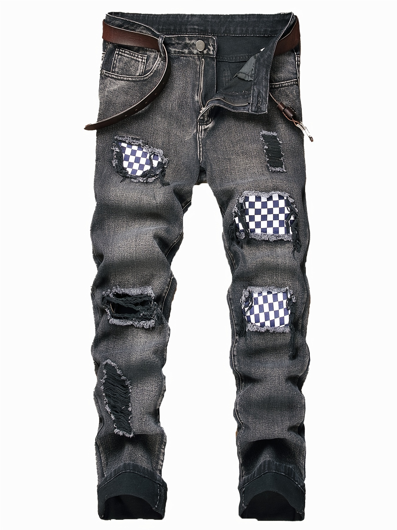Men's Patchwork Ripped Jeans Casual Street Style Distressed Denim Pants