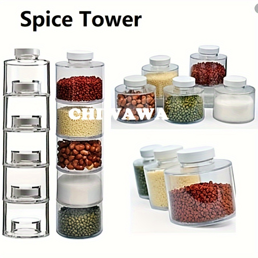 

6pcs/set, Stackable Tower Spice Storage Containers, Refillable Spice Jars, Tower Shaped Spice Jar For Camping Rv Outdoor Cooking Kitchen Travel Bbq, Kitchen Accessories