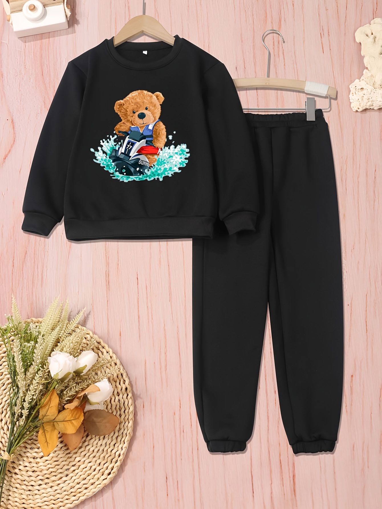 Boys Cartoon ''surfing Bear'' Print Thermal Line Round Neck