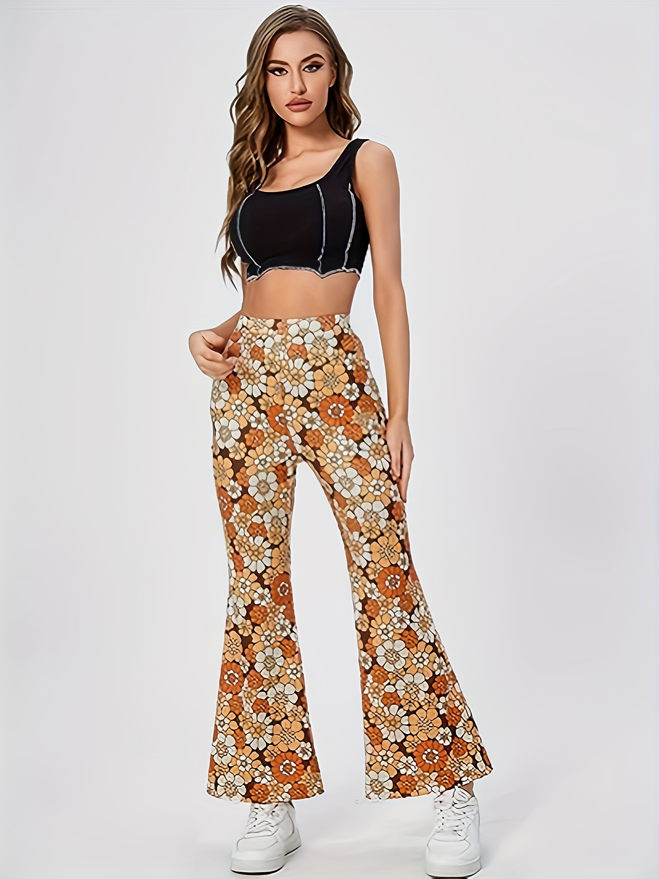 Floral Print Flare Leg Pants Casual High Waist Slim Pants - Temu