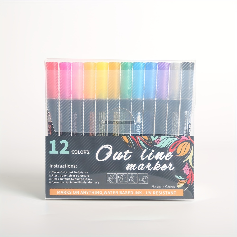 MAITING Shimmer Marker Set,12 Colors Super Squiggles Outline Marker Set,  Outline Metallic Markers Glitter Markers Pens for Christmas Card Writing