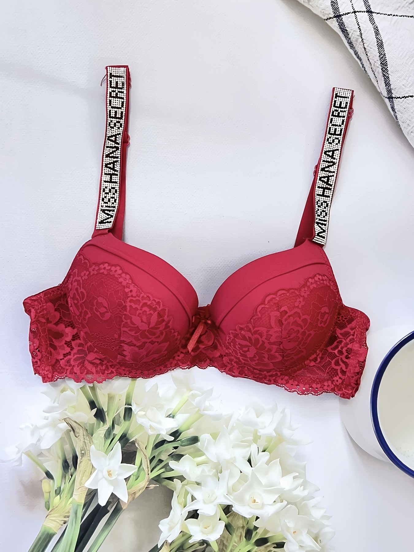 Simple Solid Floral Lace Bra, Comfy & Breathable Bow Knot Push Up Bra,  Women's Lingerie & Underwear