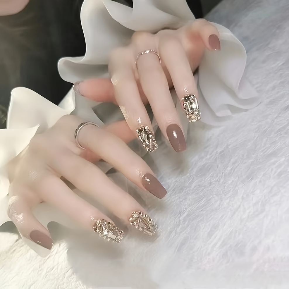 Long Ballerina Press On Nails With Rhinestones brown And - Temu