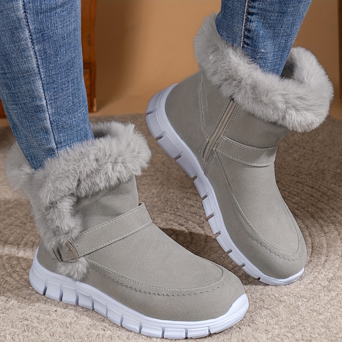 

Women's Winter Snow Boots, Round Toe Faux Fur Lining Thermal Mid Calf Boots, Buckle Design Non-slip Comfortable Outdoor Booties