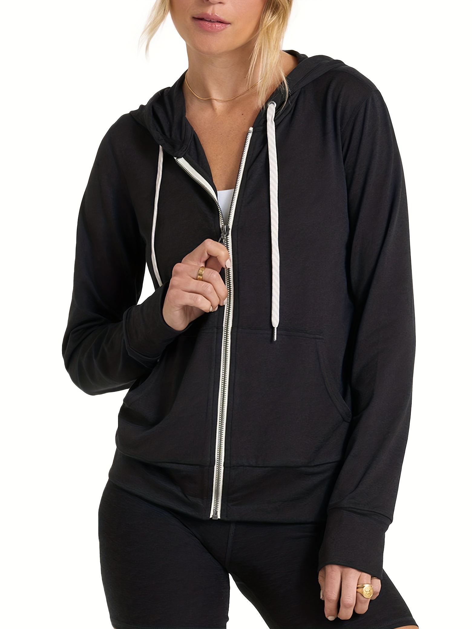 Sporty Casual Pocket Zip Hoodies Sweatshirt Solid Drawstring - Temu