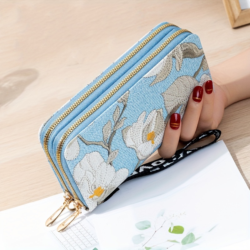 

Flower Embroidery Long Wallet, Fashion Zipper Clutch Purse, Women's Phone Bag With Card Slots