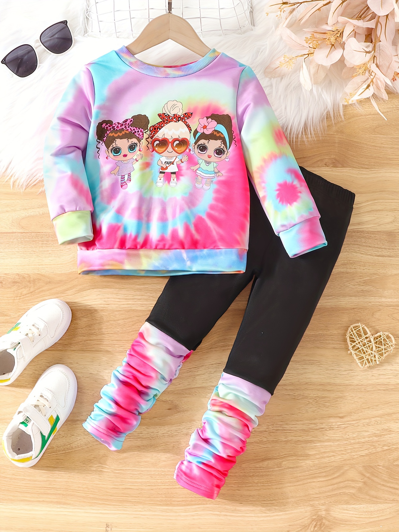 2pcs Girl s Tie dye Sweatshirt Outfit Anime Girl Pattern Long Sleeve Top Pants Set Kid s Clothes For Spring Fall