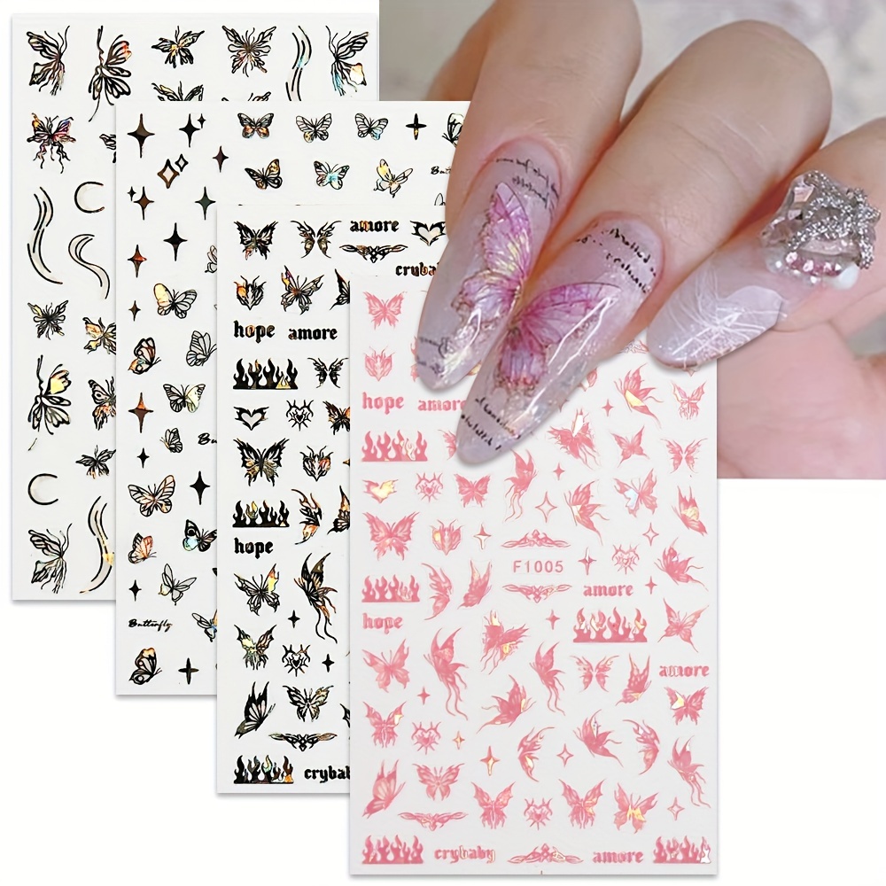 

4 Sheet 3d Laser Butterfly Design Nail Art Stickers,self Adhesive Nail Art Decals Diy Nail Salons,nail Art Supplies Women And Girls