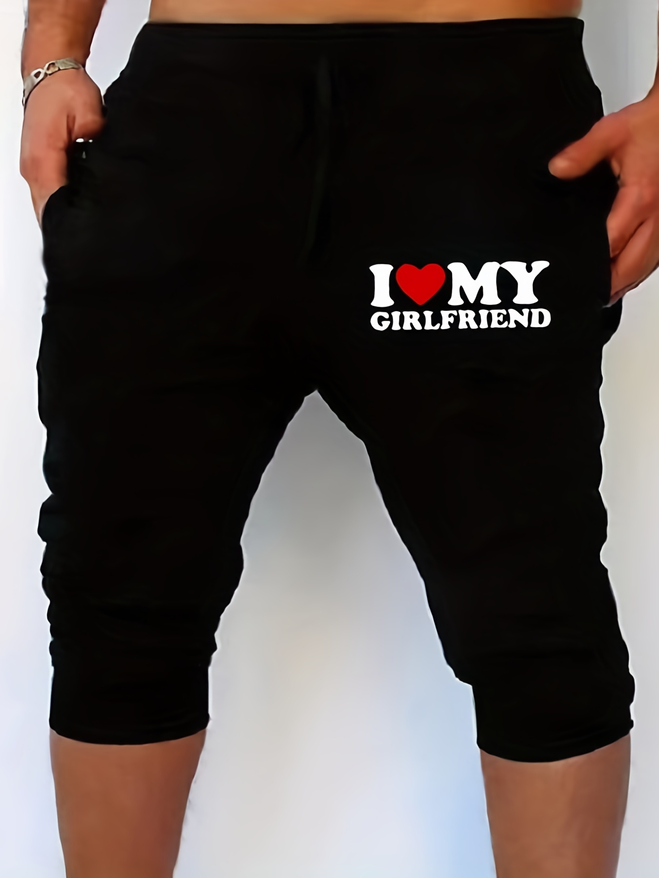 I Love My Girlfriend Print Comfy Shorts, Men's Casual Stretch Waist  Drawstring Shorts For Summer Basketball