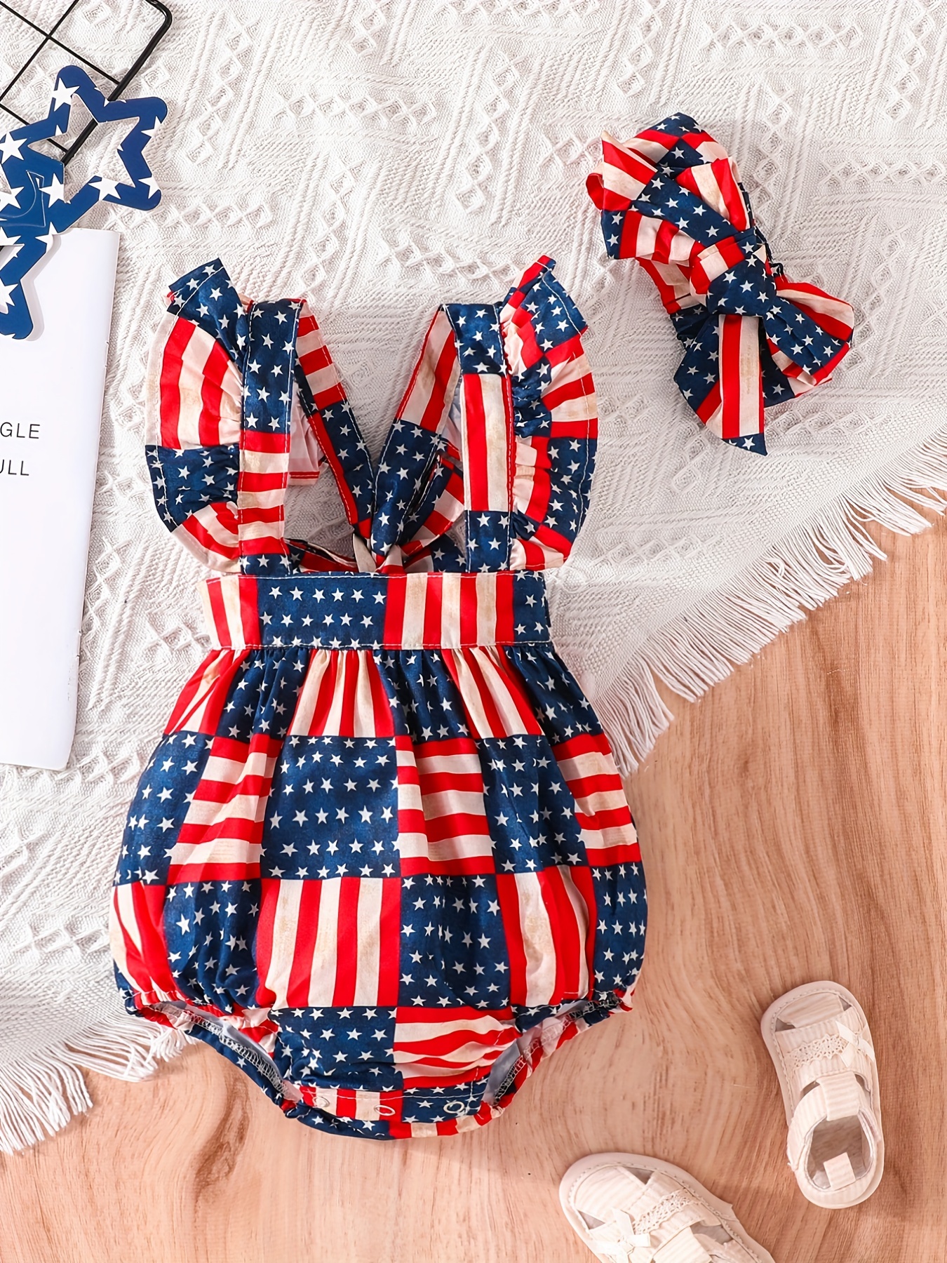 Independence Day Dress Up - Cute Baby Girl Flutter Sleeve Flag Graphic  Triangle Romper