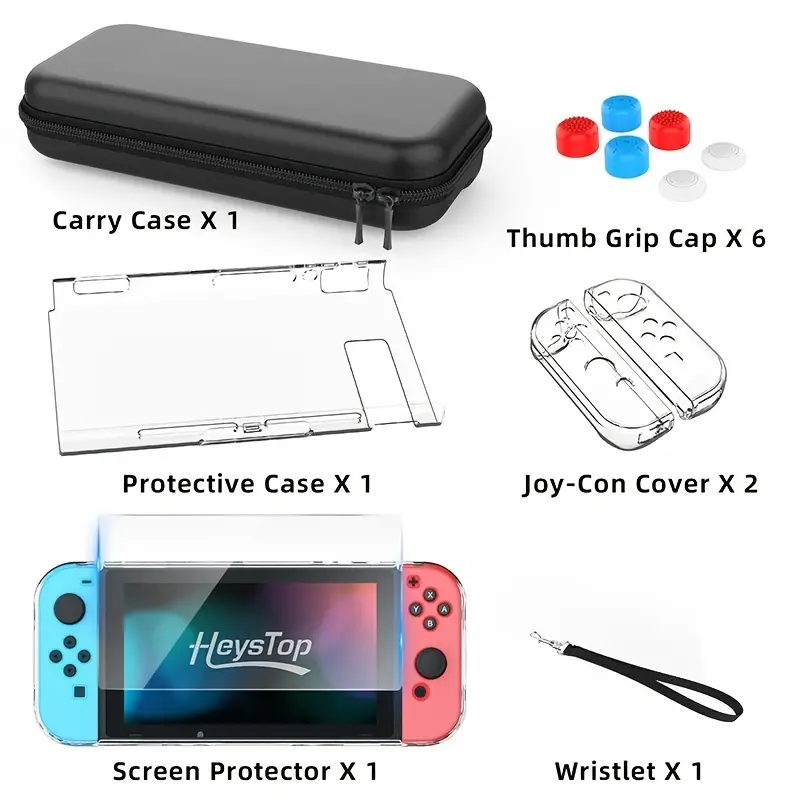 switch case compatible with nintendo switch 9 in 1 switch accessories with 8 pouch carrying case pc protective cover case hd switch screen protector and 6 pack thumb grips caps details 6