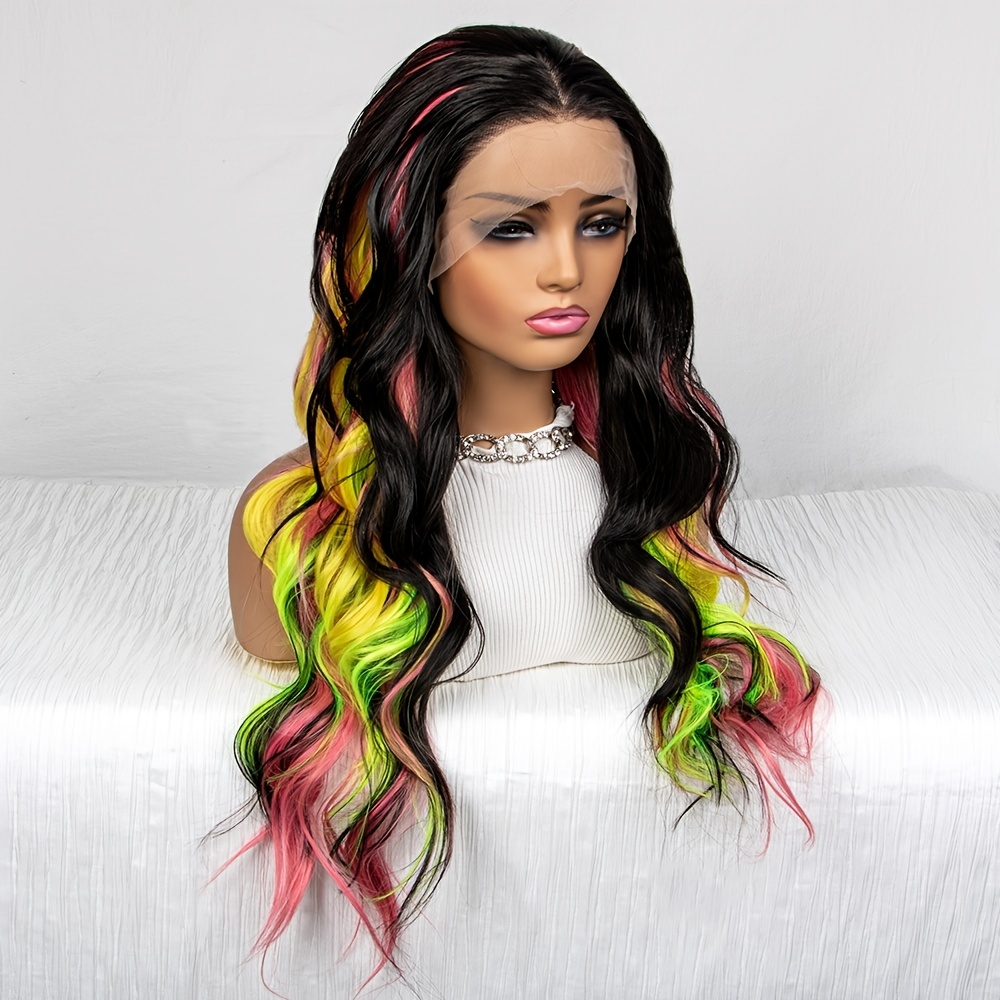 13 3 Lace Front Wigs Rainbow Wigs Loose Curl Dark Root Synthetic Hair Wig Heat Resistant With Hairline 30 Inch For Women Cosplay Party Y2K Style