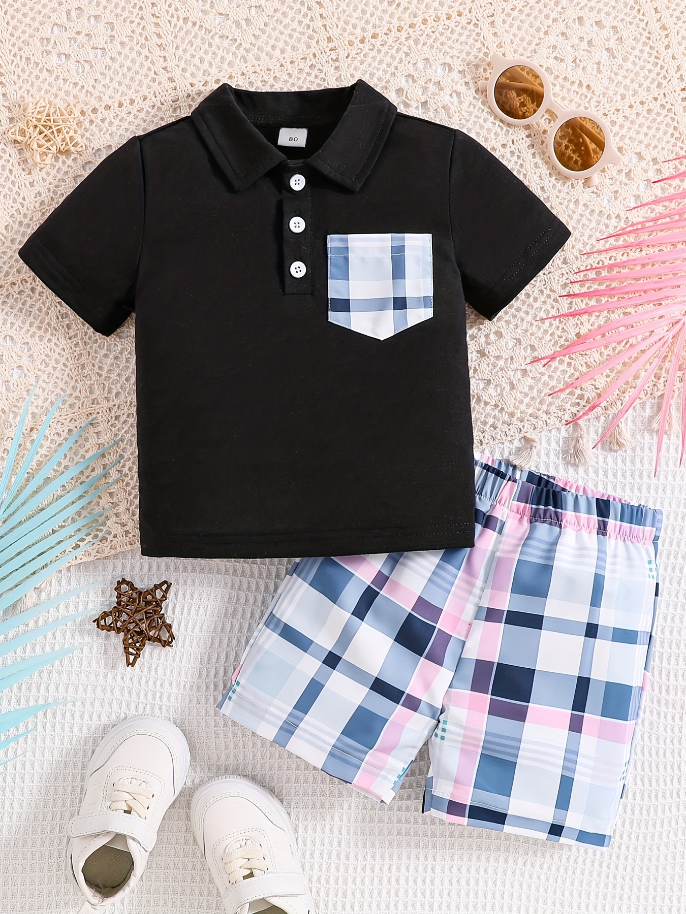 Baby Boys Plaid Stylish Matching Set Tees, T-Shirt Top & Shorts 2pcs Outfit, Christmas Styling & Gift,Temu