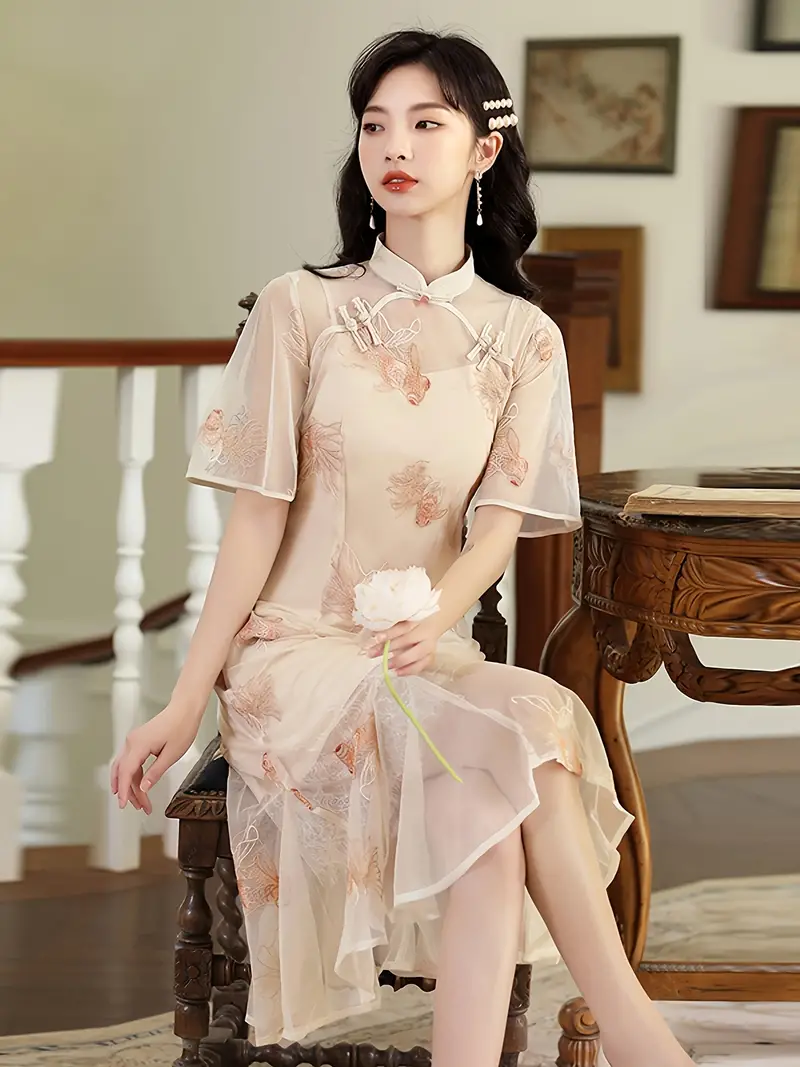 Elegant Qipao Dress Two piece Set Stand Collar Half Sleeve - Temu