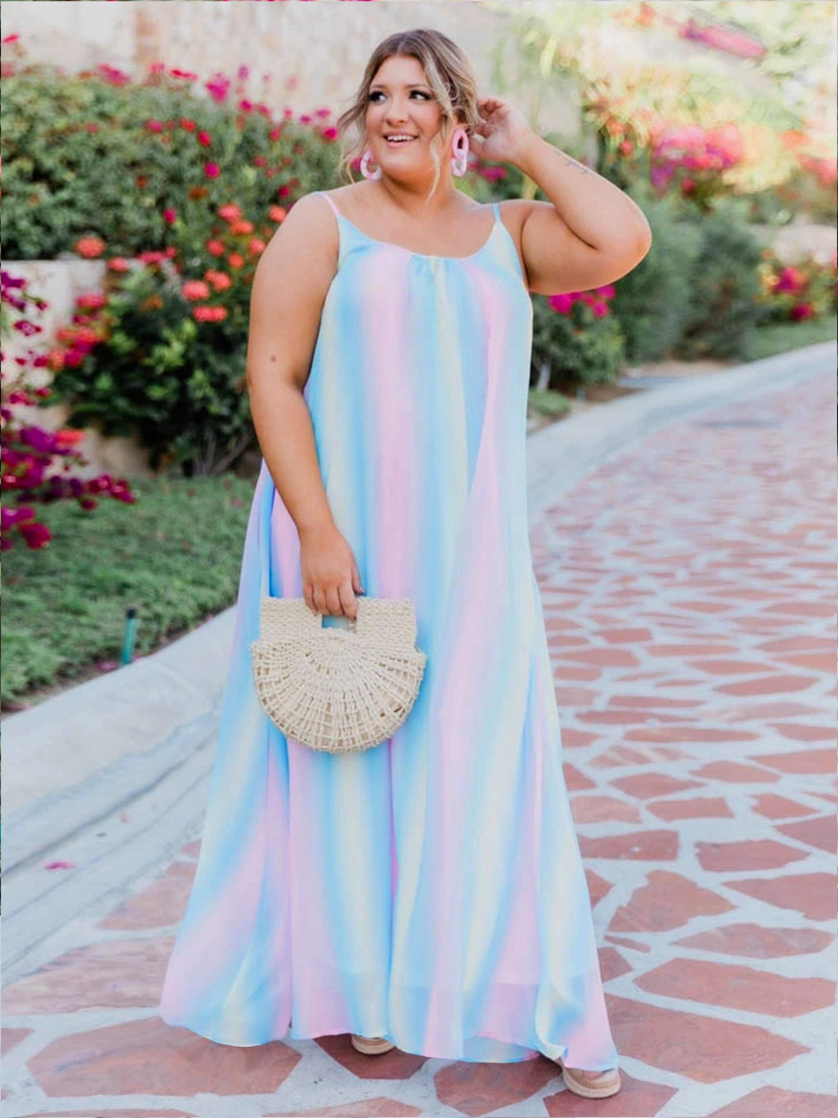 Plus Size Casual Summer Dress, Women's Plus Colorful Stripe Print Round  Neck Maxi Cami Dress