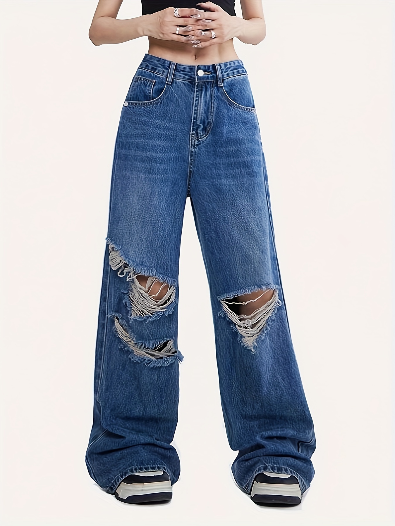 Ripped Holes Casual Baggy Jeans, Loose Fit High Waist Wide Legs Jeans,  Women's Denim Jeans & Clothing