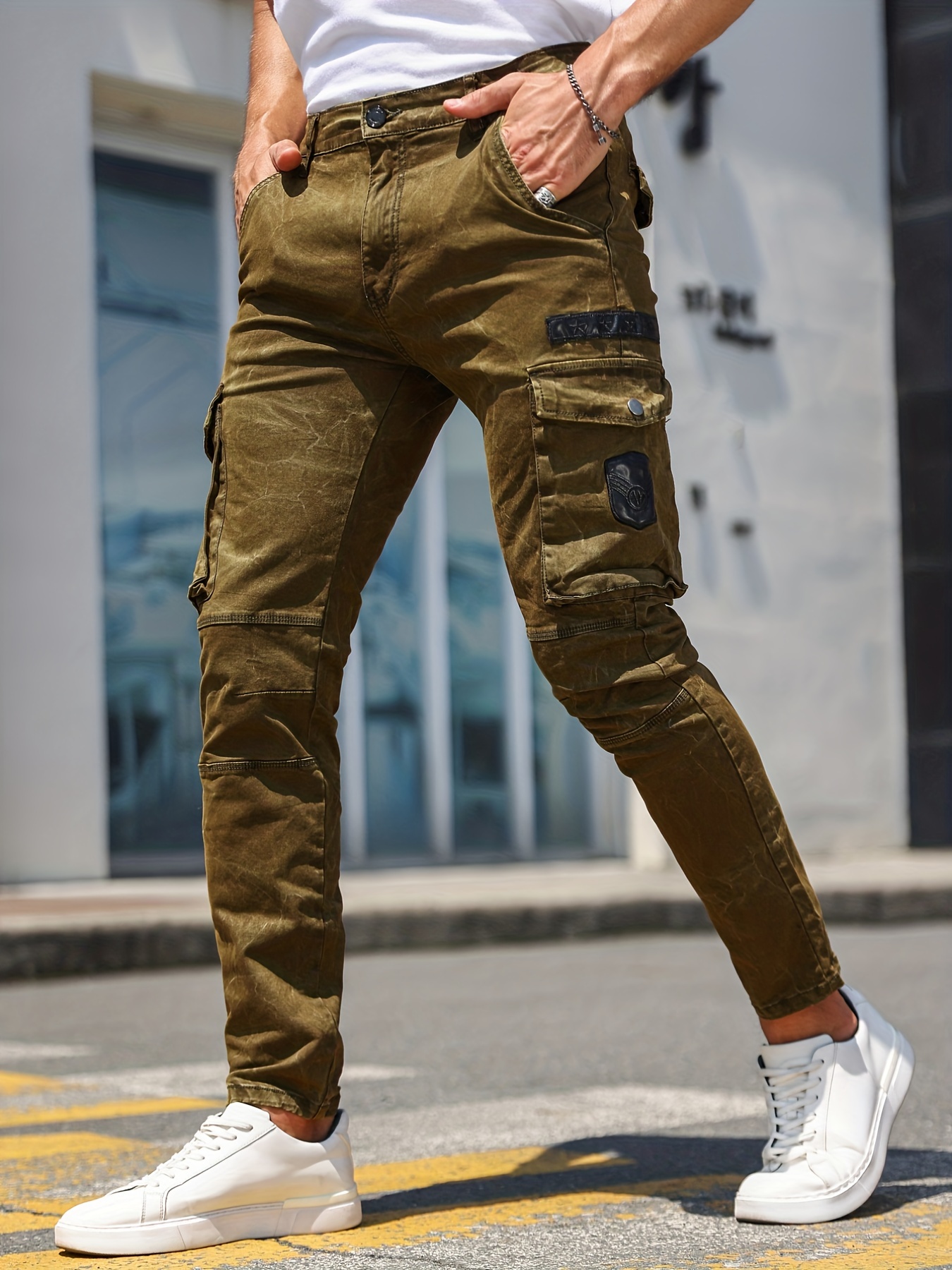 Slim Fit Cargo Jeans, Men's Casual Street Style Flap Pocket Tie Dye Pattern  Slightly Stretch Denim Pants For Spring Fall